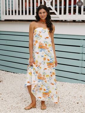 Strapless Maxi Dress in White with Orange & Blue Print